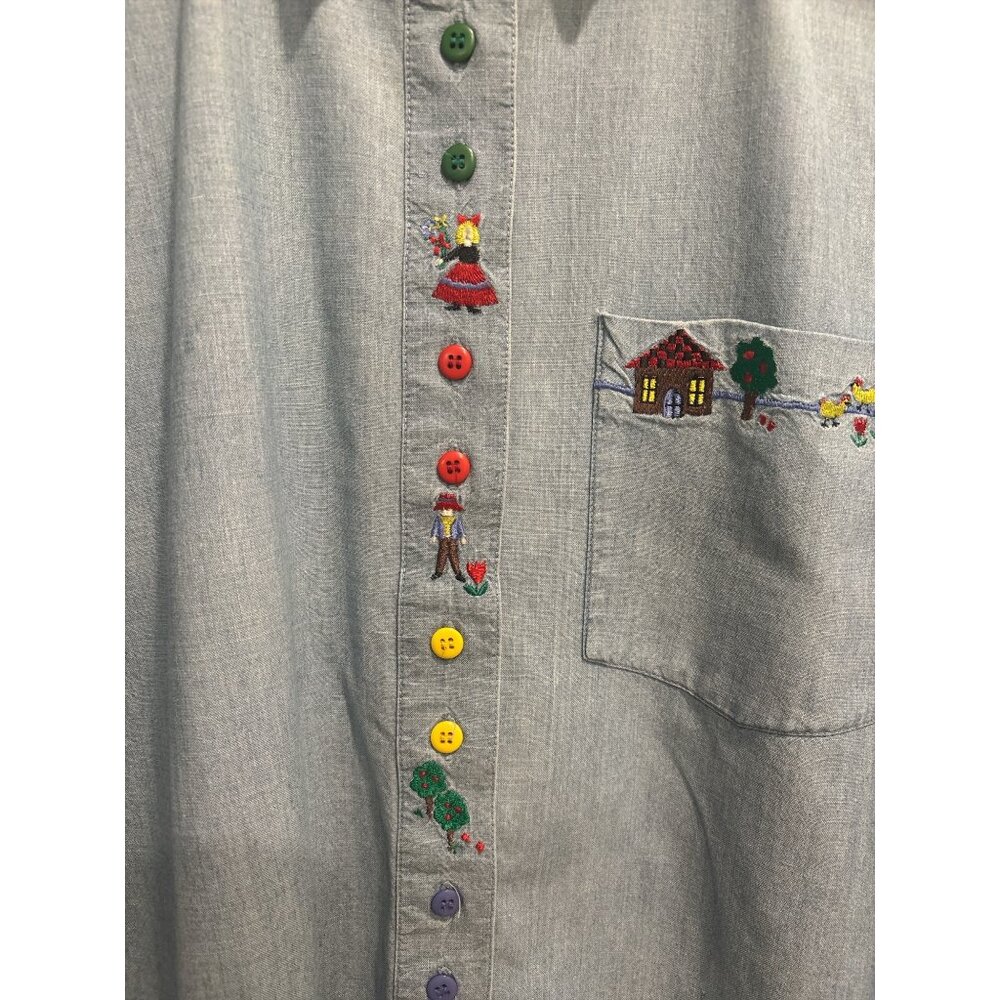 Vintage 1990s Westbound Petites Chambray Embroidered Button Down Shirt M - Picture 4 of 9